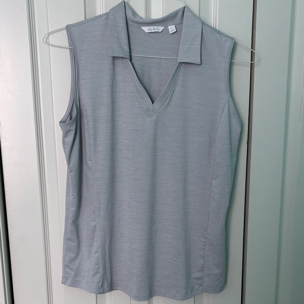 Lady Hagan Light Gray Sleeveless V-Neck Polo Shirt Size Large